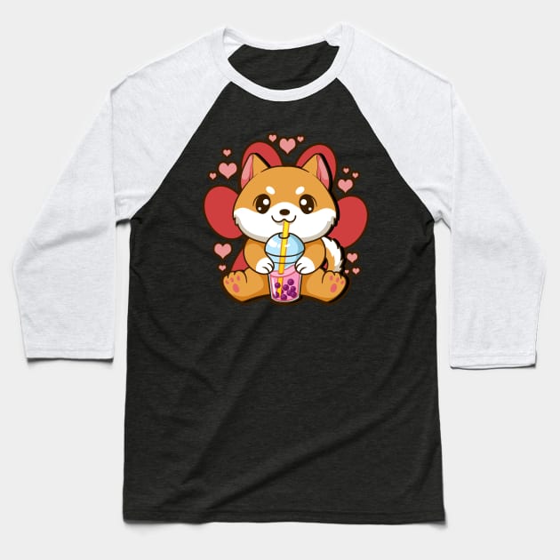 Bubble Tea Shiba Inu Boba Kawaii Anime Japan Baseball T-Shirt by E